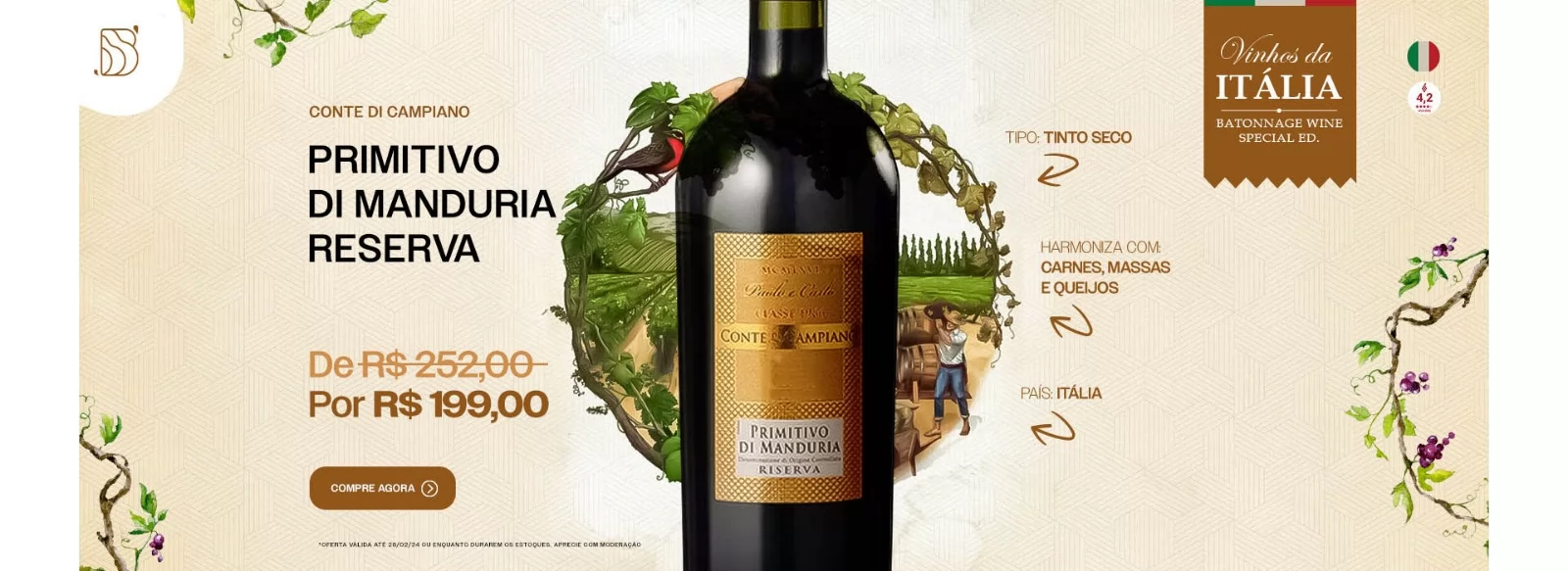 Vinho Tinto Seco Conte de Campiano Primitivo de Manduria Riserva